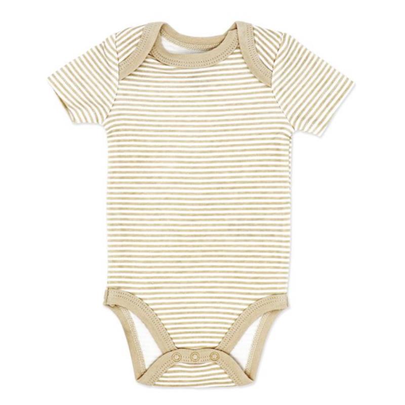Beige short sleeve bodysuit with a striped pattern and snap closures at the bottom, part of the Rose Textiles 4Pk Naturelle set.
