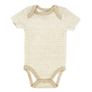 Beige short sleeve bodysuit with a striped pattern and snap closures at the bottom, part of the Rose Textiles 4Pk Naturelle set.
