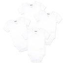 Four white short sleeve bodysuits from Rose Textiles, featuring a classic design with snap closures at the bottom.