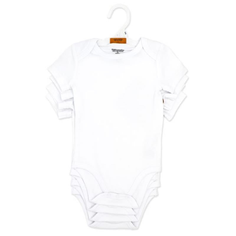 Four white short sleeve bodysuits hanging together, featuring a soft material and a snap closure at the bottom.