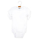 Four white short sleeve bodysuits hanging together, featuring a soft material and a snap closure at the bottom.