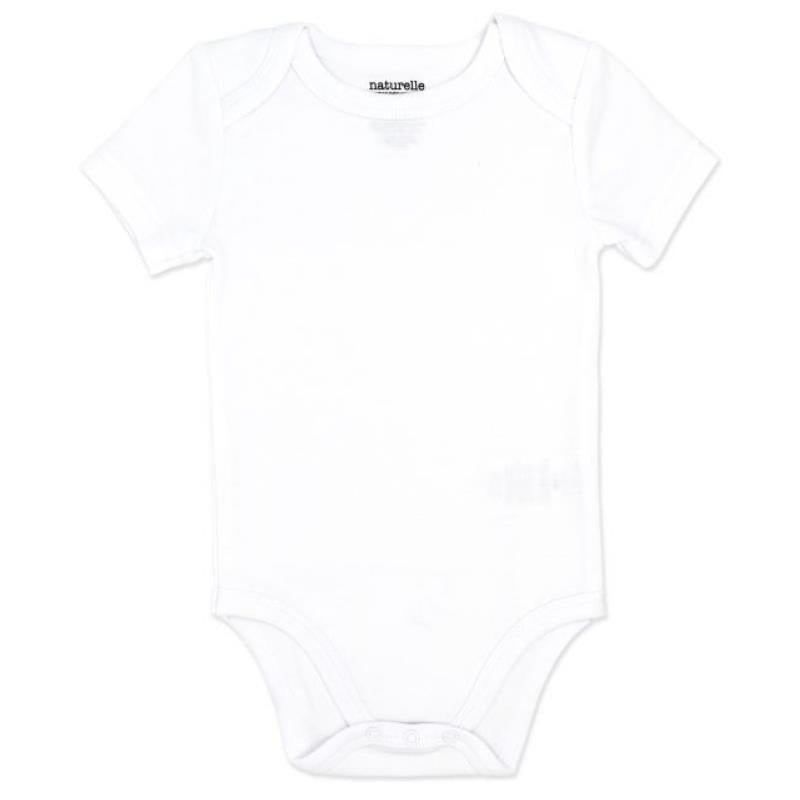 Short sleeve white bodysuit from Rose Textiles, featuring a soft fabric, round neckline, and snap closures at the bottom.
