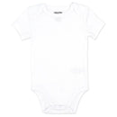 Short sleeve white bodysuit from Rose Textiles, featuring a soft fabric, round neckline, and snap closures at the bottom.
