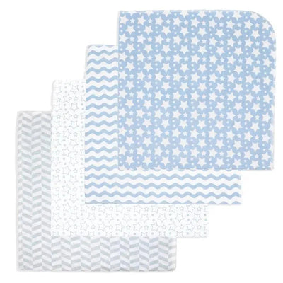 Four blue receiving blankets featuring star, wavy, and striped patterns, ideal for infant use.