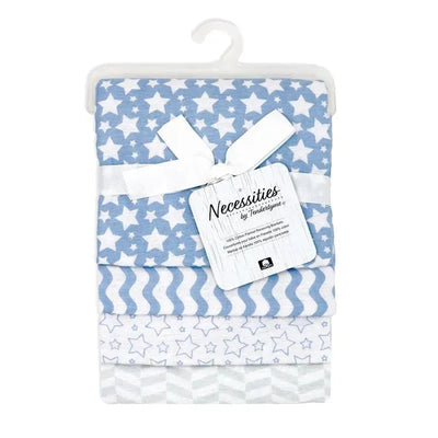 Receiving blankets in blue and white patterns featuring stars and waves, tied with a ribbon and labeled.