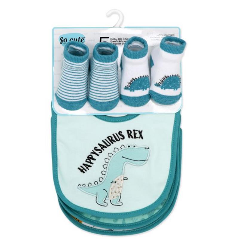 Rose Textiles - 5Pk Baby Boy Bib & Sock Set Teal Dino Image 2
