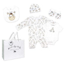 Neutral mesh bag set featuring a giraffe print, including a romper, onesie, hat, bib, booties, and a boutique gift bag.