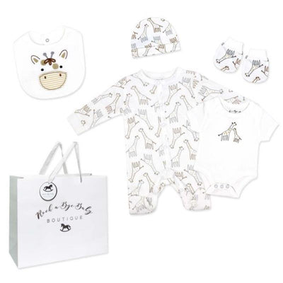 Neutral mesh bag set featuring a giraffe print, including a romper, onesie, hat, bib, booties, and a boutique gift bag.