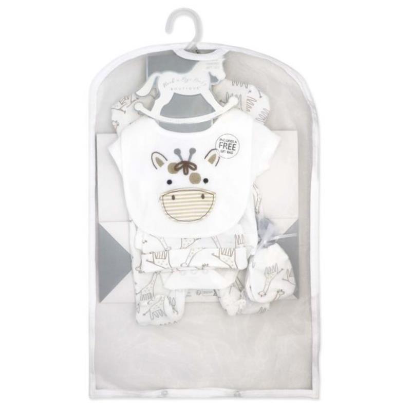 Neutral baby mesh bag set featuring giraffe-themed clothing items including a bib, booties, and outfits.