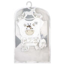 Neutral baby mesh bag set featuring giraffe-themed clothing items including a bib, booties, and outfits.
