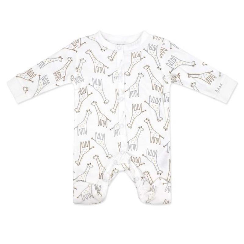 Neutral baby onesie in white with a giraffe print, featuring long sleeves and snap closure for easy dressing.