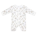 Neutral baby onesie in white with a giraffe print, featuring long sleeves and snap closure for easy dressing.
