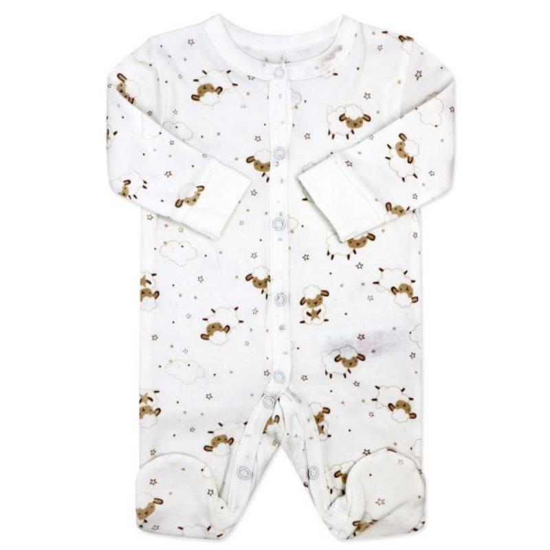 Neutral baby onesie featuring a lamb print, with long sleeves and snap-button closure.