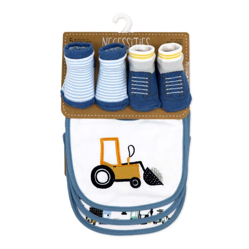 Bib with a tractor design and five pairs of socks in blue and striped patterns, ideal for infants.