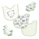 Five-piece bib and sock set featuring sage green sheep designs, including three bibs and two matching socks.