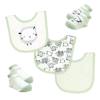Five-piece bib and sock set featuring sage green sheep designs, including three bibs and two matching socks.