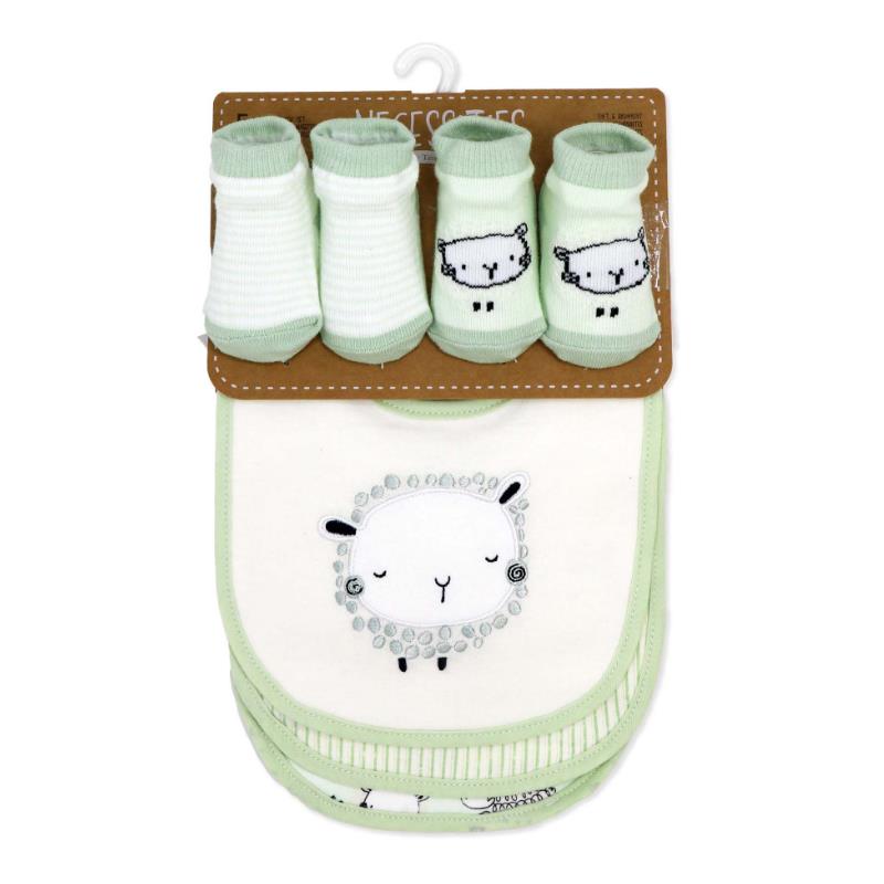 Rose Textiles 5Pk Bib & Sock Set featuring a bib with a sheep design and four pairs of coordinating socks in sage green.