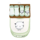 Rose Textiles 5Pk Bib & Sock Set featuring a bib with a sheep design and four pairs of coordinating socks in sage green.
