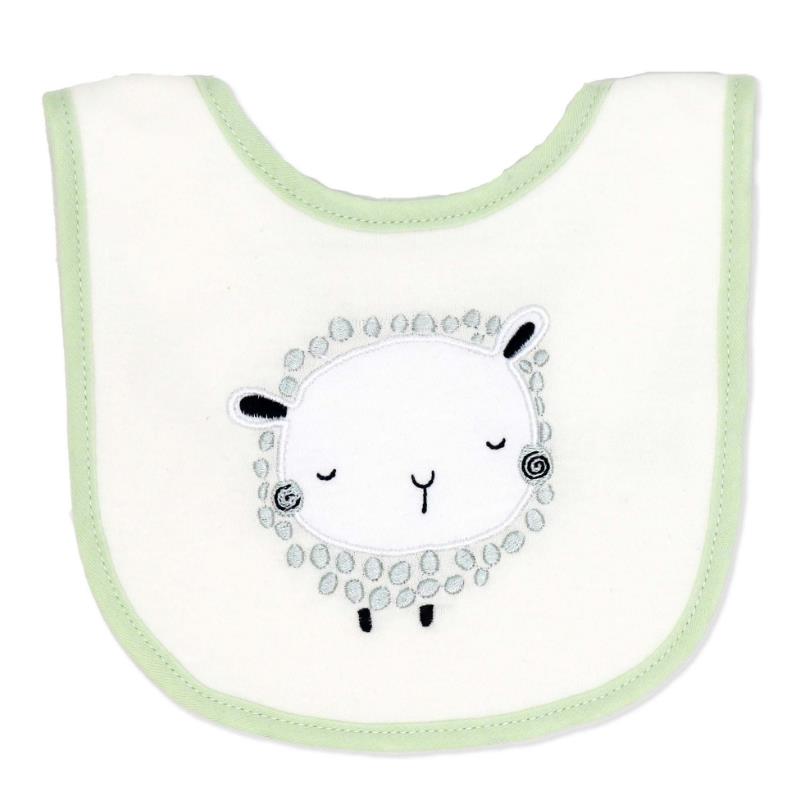 Sage green bib featuring a smiling sheep design with embroidered details and a soft trim.