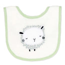Sage green bib featuring a smiling sheep design with embroidered details and a soft trim.