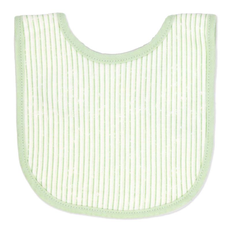 Sage green bib with white stripes, part of the Rose Textiles 5Pk Bib & Sock Set featuring cute sheep design.