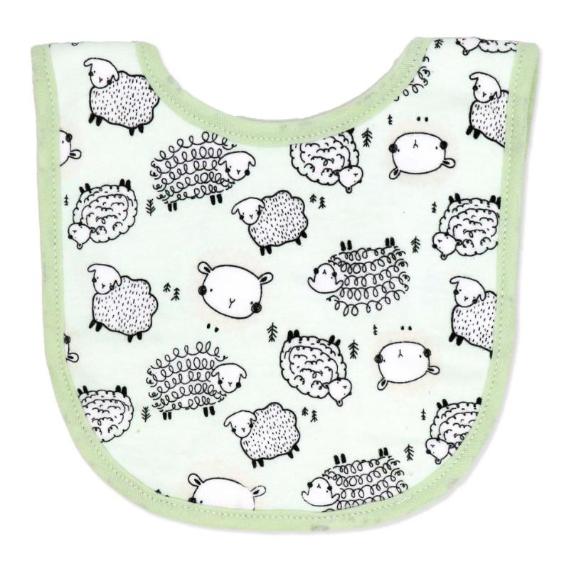 Sage green bib featuring a playful sheep pattern, part of the Rose Textiles 5Pk Bib & Sock Set.
