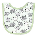 Sage green bib featuring a playful sheep pattern, part of the Rose Textiles 5Pk Bib & Sock Set.