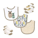 Tan dog-themed bibs and socks set featuring three bibs with animal designs and one pair of striped socks.