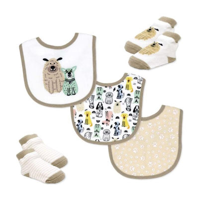 Tan dog-themed bibs and socks set featuring three bibs with animal designs and one pair of striped socks.