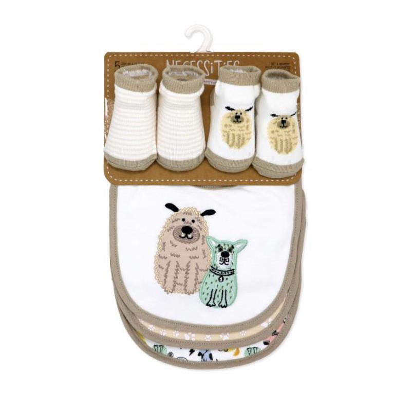 Tan dog-themed bib with two illustrated dogs, accompanied by three pairs of matching socks in various designs.