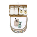 Tan dog-themed bib with two illustrated dogs, accompanied by three pairs of matching socks in various designs.