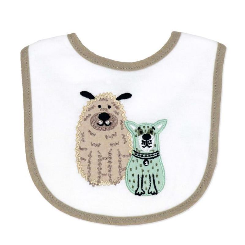 Tan dog-themed bib featuring an embroidered design of a fluffy brown dog alongside a mint green dog.