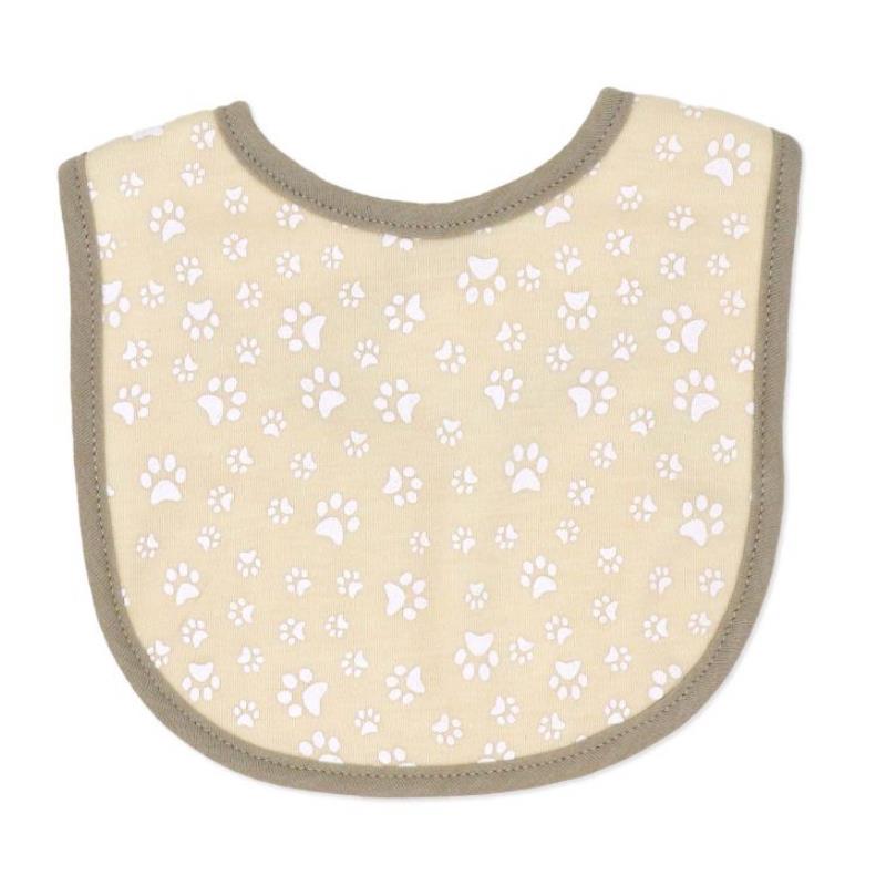 Tan bib with a playful paw print design in white, part of the Rose Textiles 5Pk Bib & Sock Set.