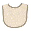 Tan bib with a playful paw print design in white, part of the Rose Textiles 5Pk Bib & Sock Set.