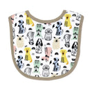 Bib featuring a playful assortment of dog illustrations in various colors and styles on a white background.