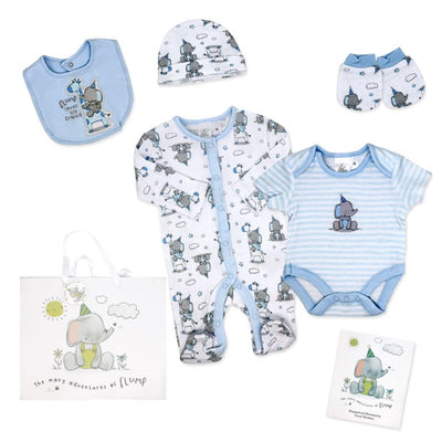 Baby boy gift set featuring Flump the Elephant, including a romper, onesie, hat, bib, and booties in blue tones.