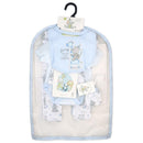 6-pack baby boy gift set featuring Flump the Elephant, includes a bib, a onesie, and patterned pants, all in blue tones.