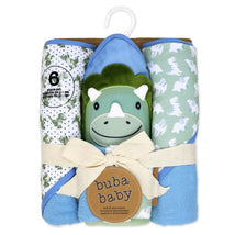 Blue Dino-themed bath set includes 3 hooded towels with a dinosaur design and 3 matching washcloths, packaged attractively.