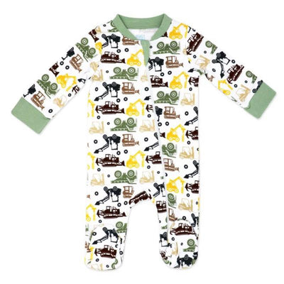 Baby boy coverall in sage, featuring a playful design of construction vehicles and colorful accents.