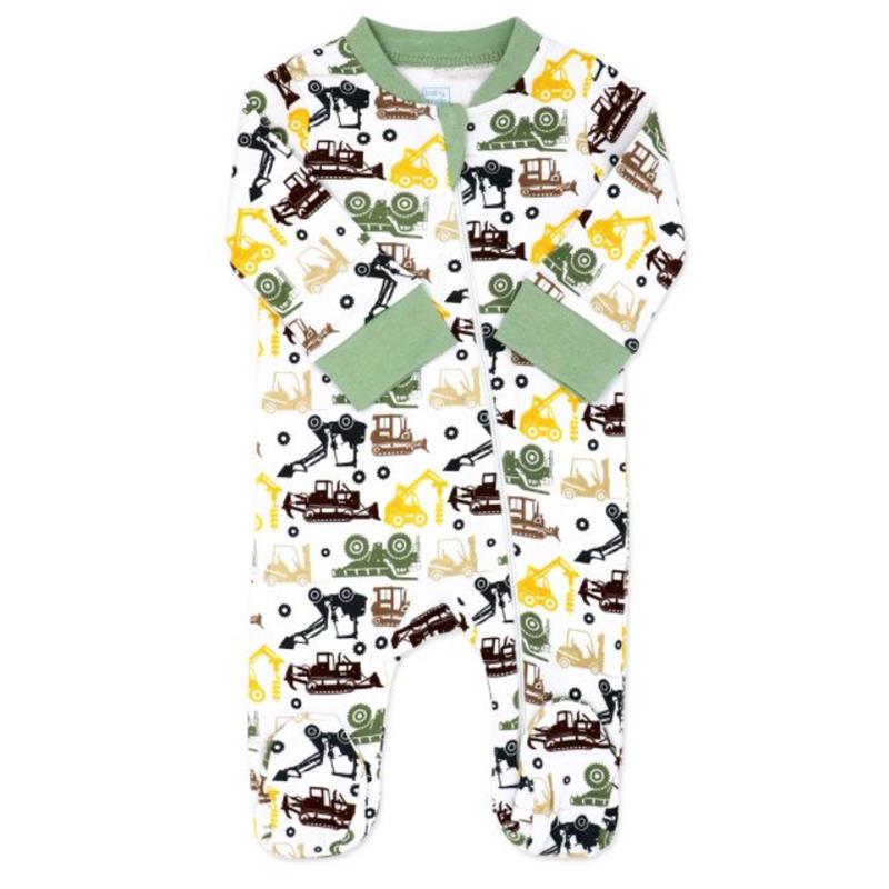 Baby boy interlock coverall in sage, featuring colorful construction vehicles on a white background.