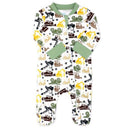 Baby boy interlock coverall in sage, featuring colorful construction vehicles on a white background.