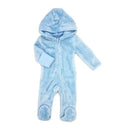 Fleece pramsuit for baby boys, featuring a soft blue color, full zipper, and a hood.