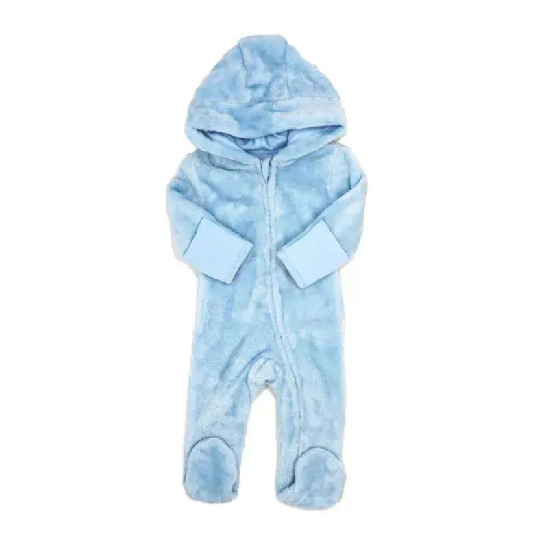 Fleece pramsuit for baby boys in light blue, featuring a hood, long sleeves, and footed legs for warmth.