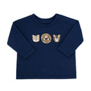 Navy waffle knit long-sleeve top featuring cute animal applique designs: bear, lion, and tiger.