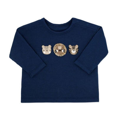 Navy waffle knit long-sleeve top featuring cute animal applique designs: bear, lion, and tiger.