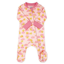 Pink baby girl coverall featuring a yellow star and pink cloud pattern, with footed design and a front zipper.
