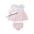 Baby girls dress set in pink floral design, featuring a short-sleeve dress with embroidered roses, matching bloomer, and shoes.