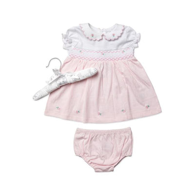 Baby girls dress set in pink floral design, featuring a short-sleeve dress with embroidered roses, matching bloomer, and shoes.