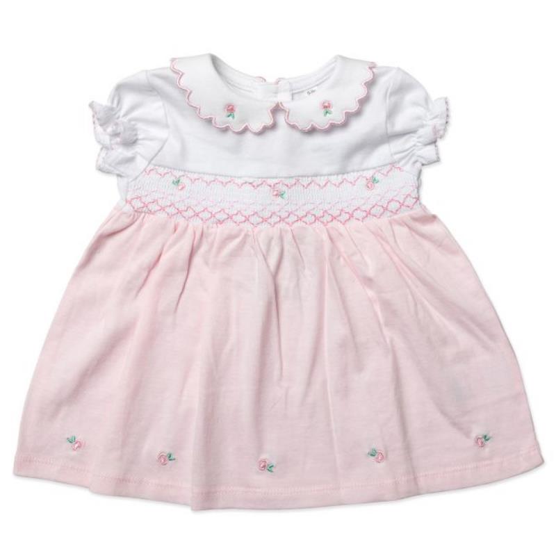 Baby girls dress set in pink floral design, featuring a white top with scalloped collar and embroidered details.