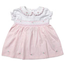 Baby girls dress set in pink floral design, featuring a white top with scalloped collar and embroidered details.